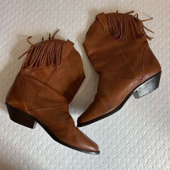 Vintage Unique Brown Tan Cowboy Boots Western Rodeo Tassels Cowgirl Leather 7.5 - Picture 2 of 11